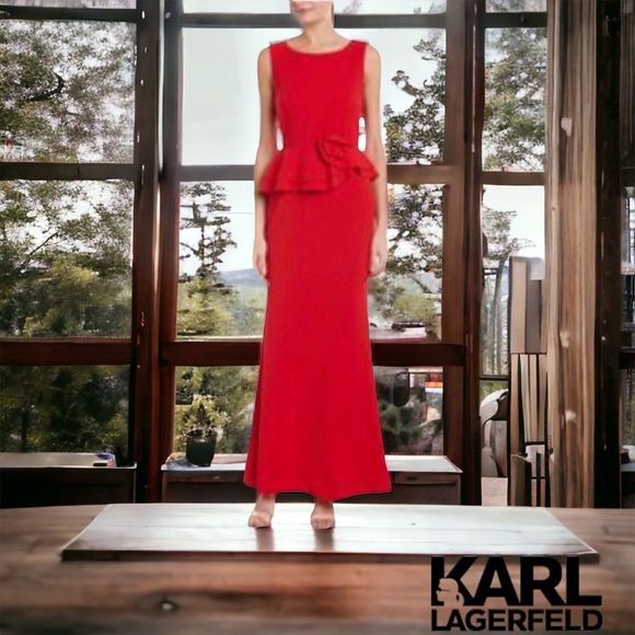 Karl Lagerfeld red gown with peplum and rosette - Picture 1 of 10